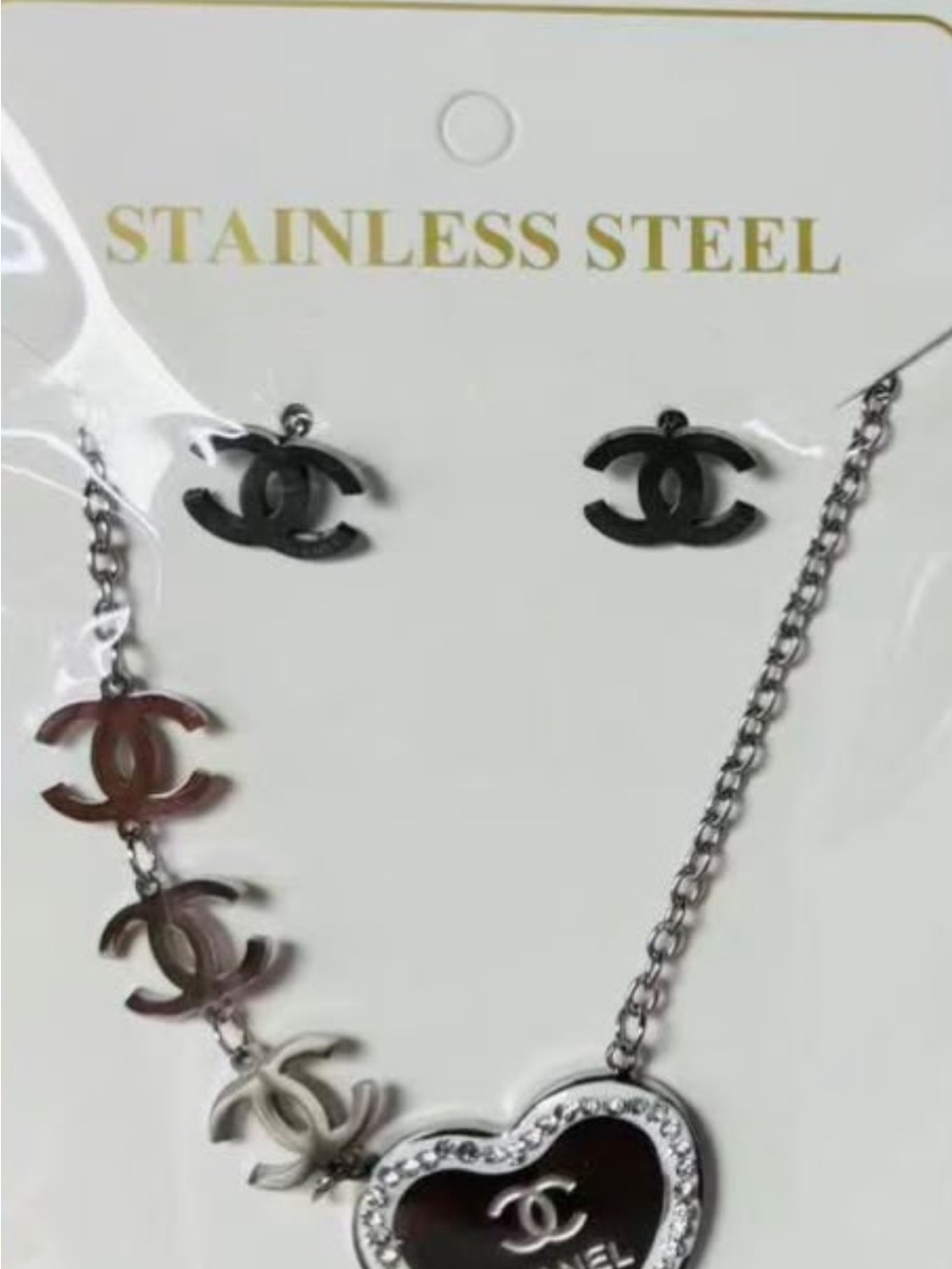 Stainless Steel Black and Silver Heart Necklace & Earring Set
